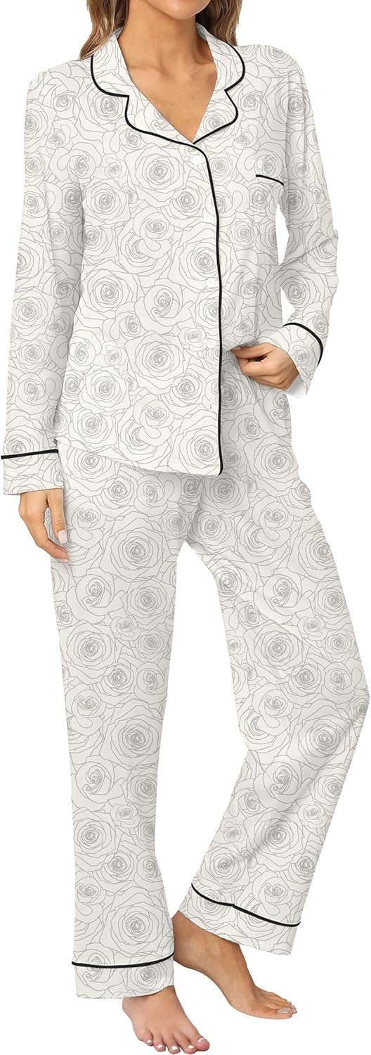 LUBOT 100% Cotton Pajamas for Women Soft Button-Down Set
