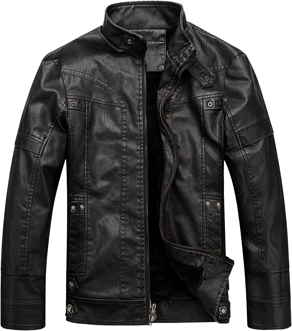 WULFUL Men's Vintage Stand Collar Leather Jacket for All Seasons