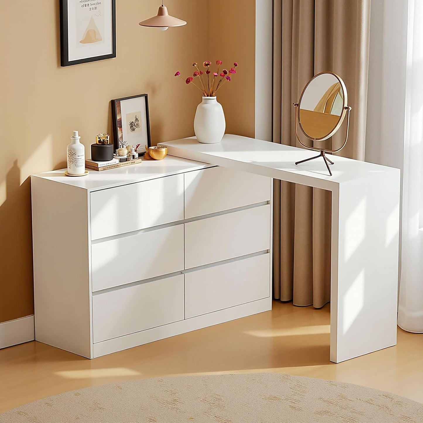 6-Drawer Vanity Combo with Extendable Table, L-Shaped Organizer, White