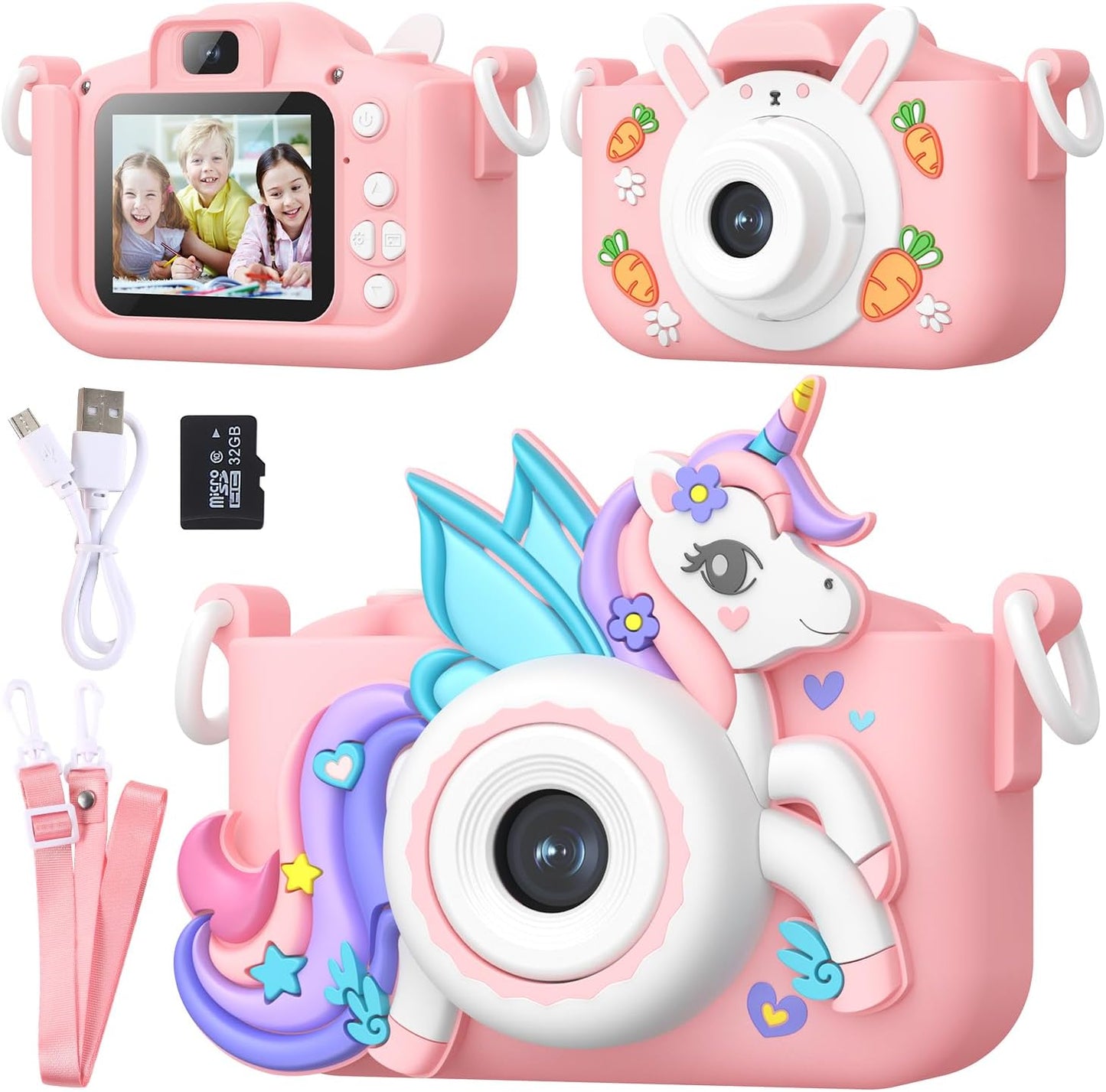 LETING Kids Camera - Fun Camcorder Toy with Silicone Covers - Perfect Kids Gift - 32G SD Card - Pink