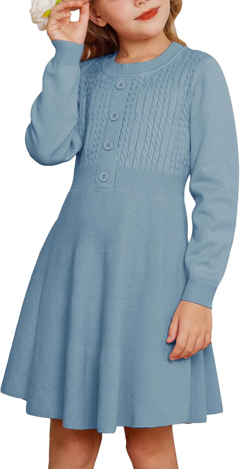 GRACE KARIN Girl Dress Long Sleeve Sweater Ruffle Button Front