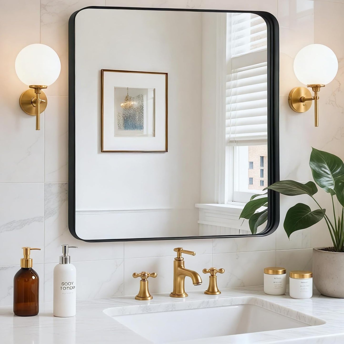 30x30 Inch Black Metal Framed Square Bathroom Mirror for Elegance