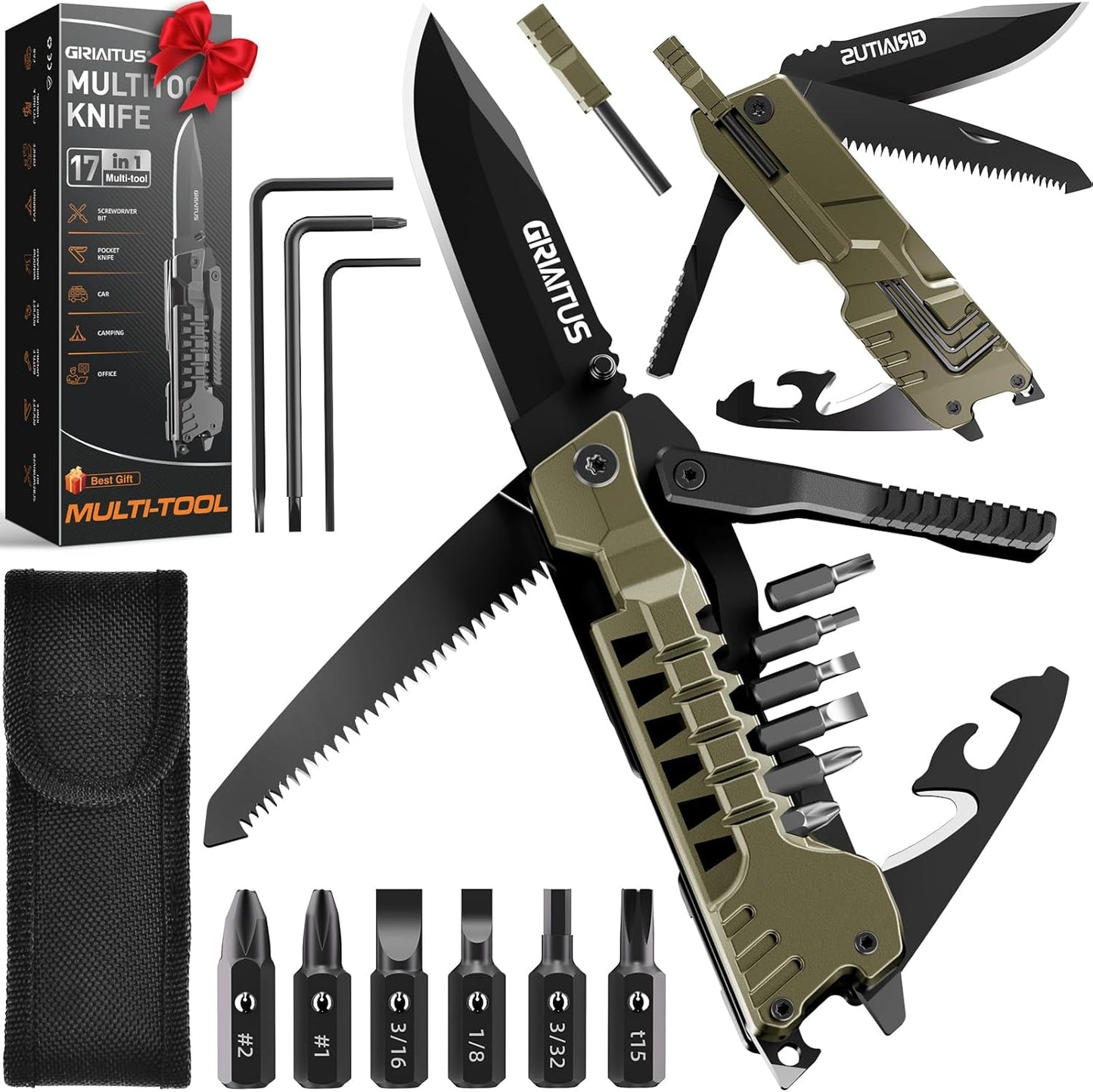 Ultimate Survival Multitool Knife - 17 Functions, EDC Gear for Outdoors, Fire Starter, Whistle, Gifts - Desert Gray