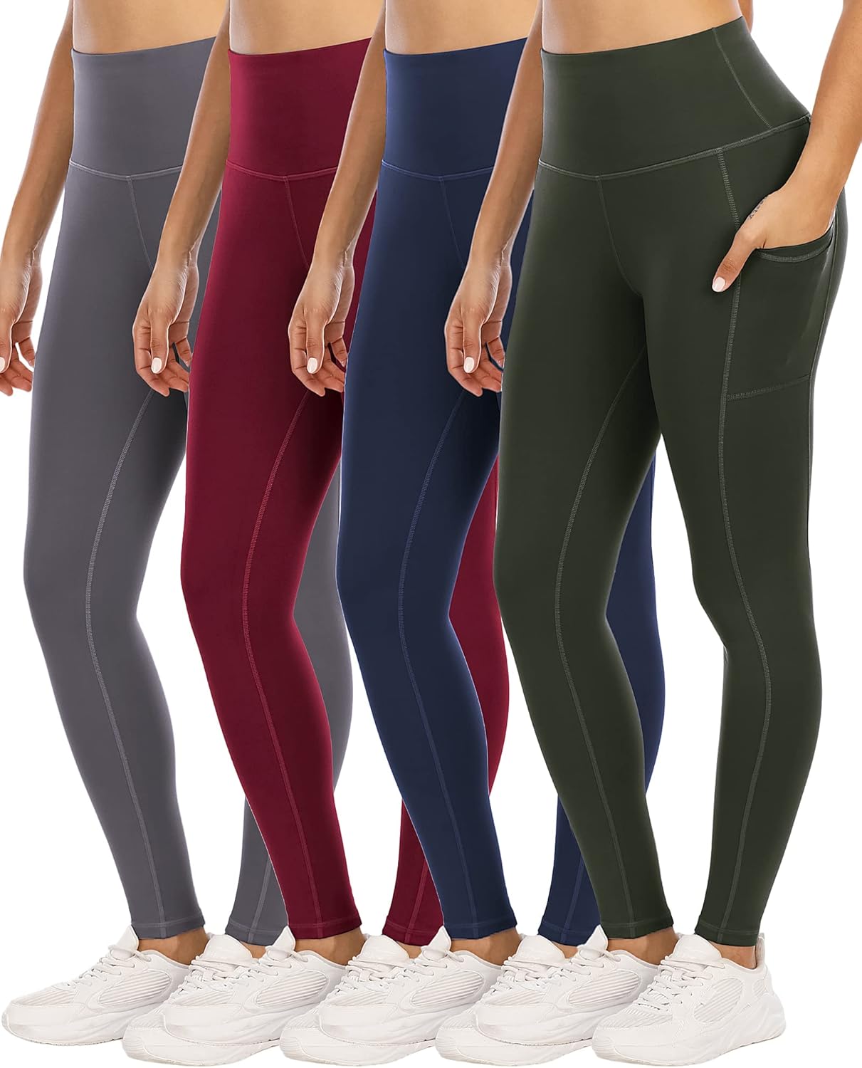 4 Pack Leggings with Pockets for Women, High Waist Tummy Control