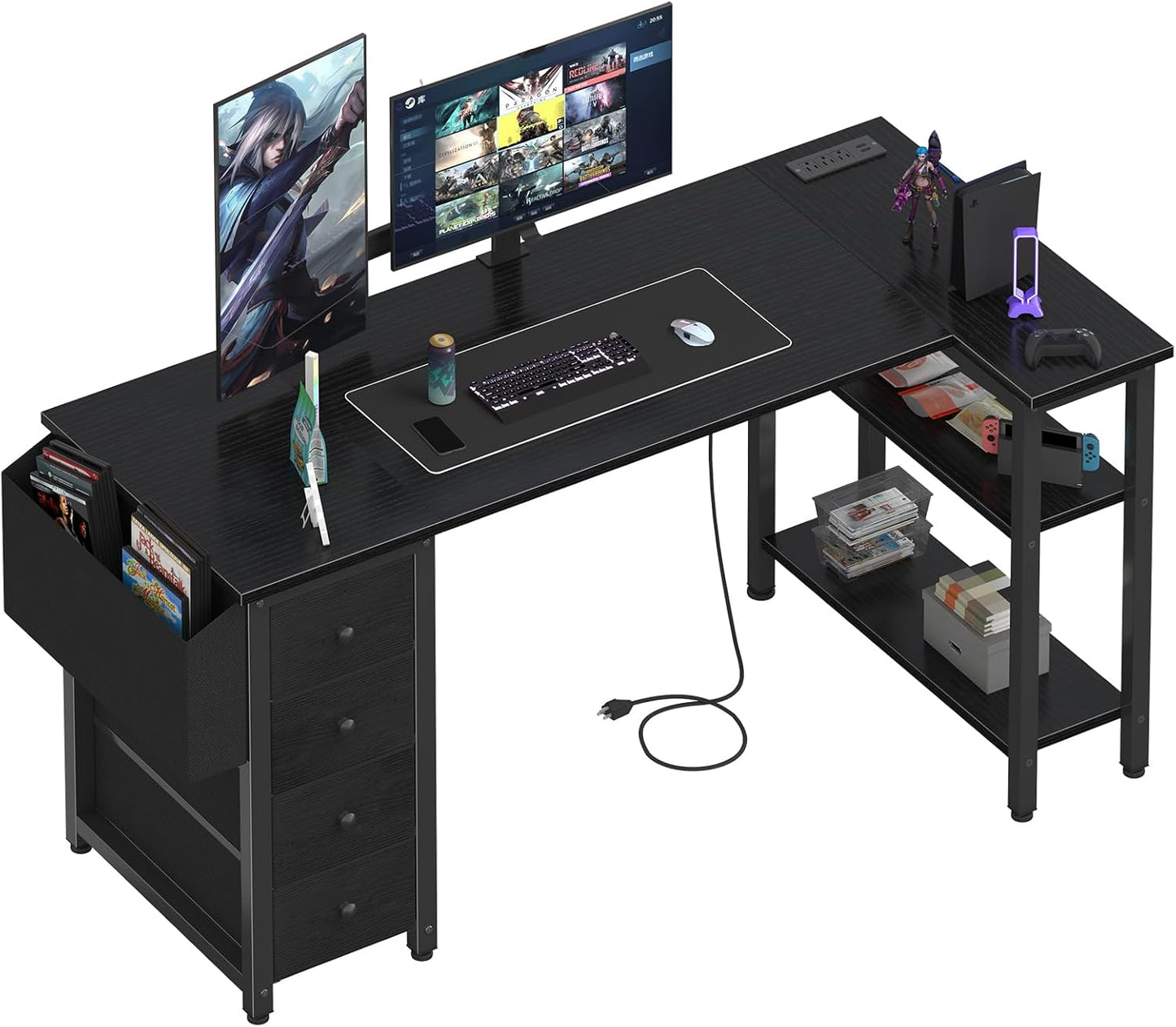 L Shaped Gaming Desk with Drawers & Power Outlet for Home Office