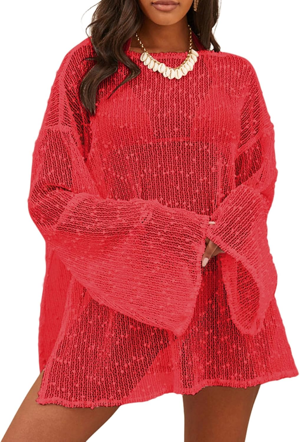 Lilosy Sexy Crochet Sheer Kaftan Beach Dress Coverup for Swim