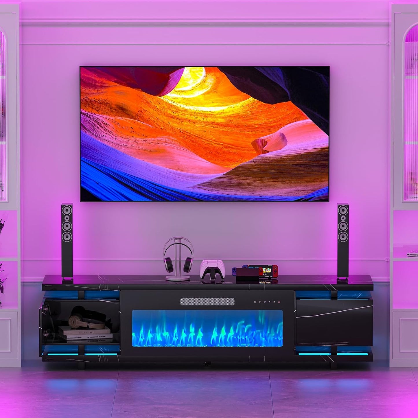 Modern Marble TV Stand + Electric Fireplace
