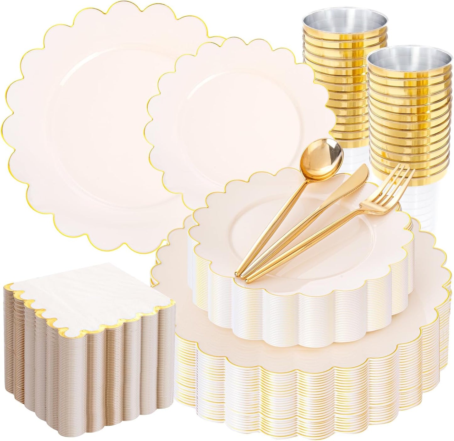 210 Pcs Ivory Plastic Gold Scalloped Plates for 30 Guests