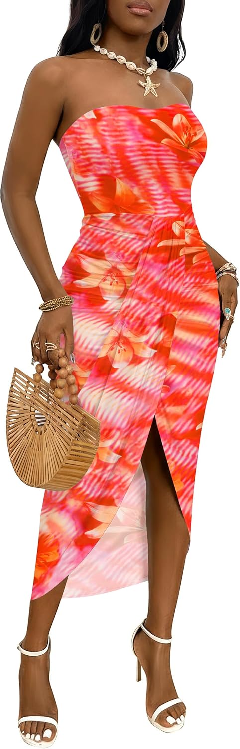 Umenlele Women's Strapless Ruched High Waist Maxi Dress Review