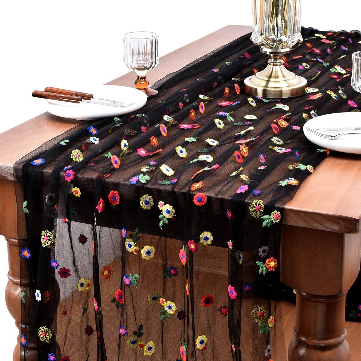 Elegant Black Embroidery Daisy Table Runner for Seasonal Decor