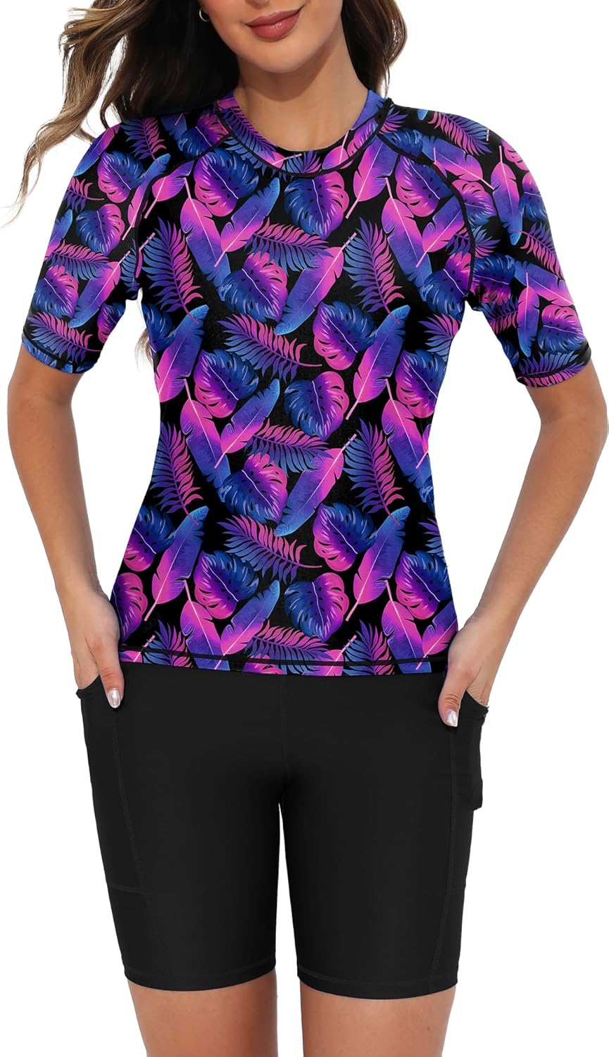 Tournesol Women's Two Piece Rash Guard Swim Set with Pockets