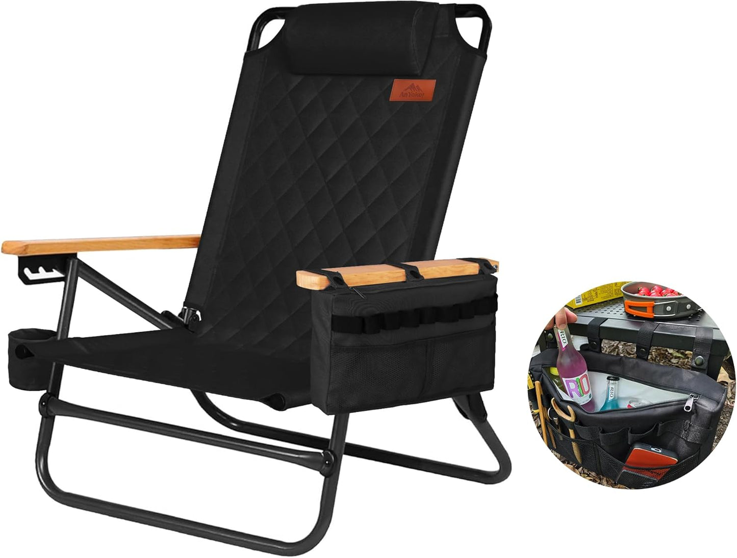 AnYoker Beach Chair - 4 Position, Cooler Pouch, Headrest, Cup Holder