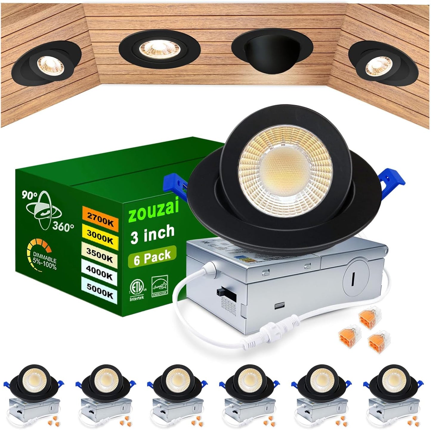 5CCT LED Gimbal Recessed Light with Junction Box, 6 Pack