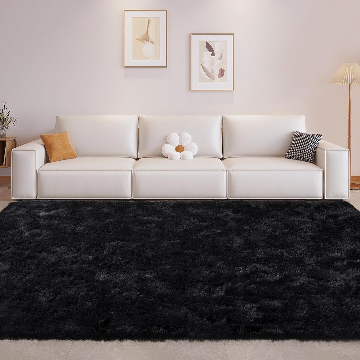 FinRec 5x7 Feet Black Fluffy Shaggy Area Rug for Home Decor