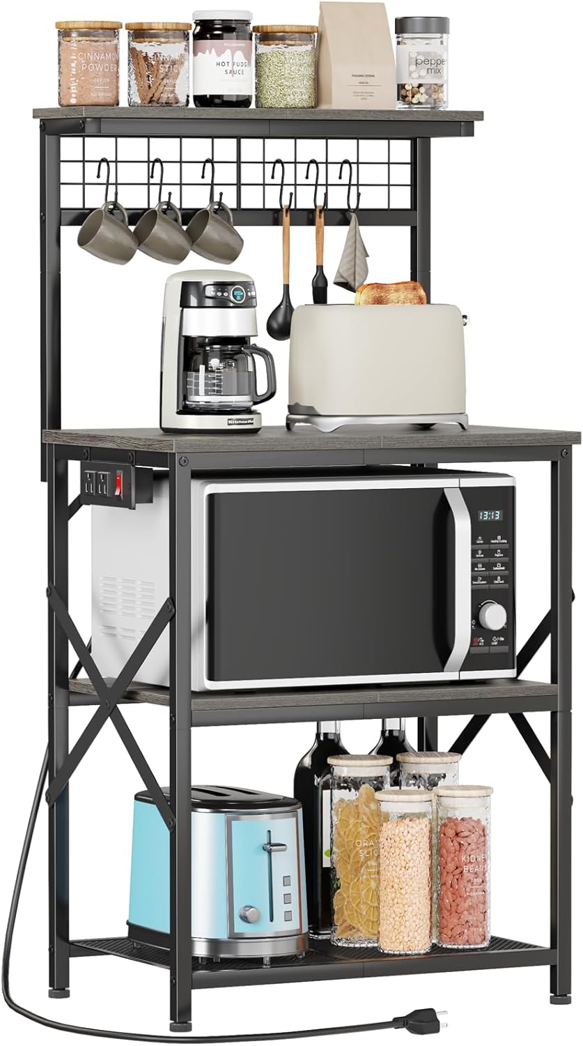 Furologee Kitchen Bakers Rack with Power Outlet and Storage