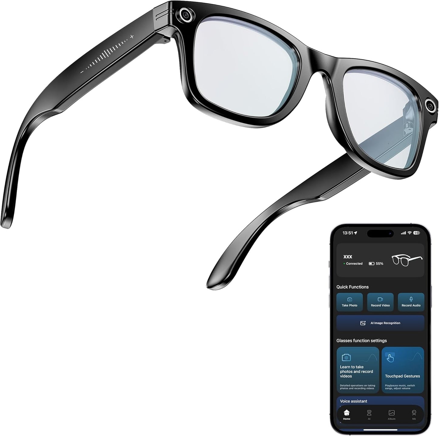 AI Smart Camera Glasses with 2K+ Ultra-Wide Anti-Shake Lens