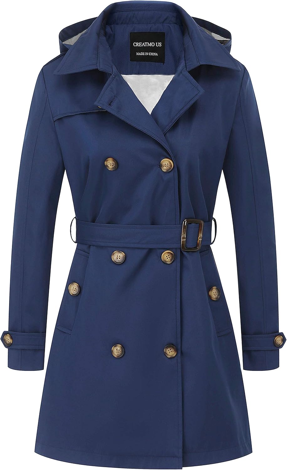 CREATMO US Women's Double-Breasted Trench Coat with Hood