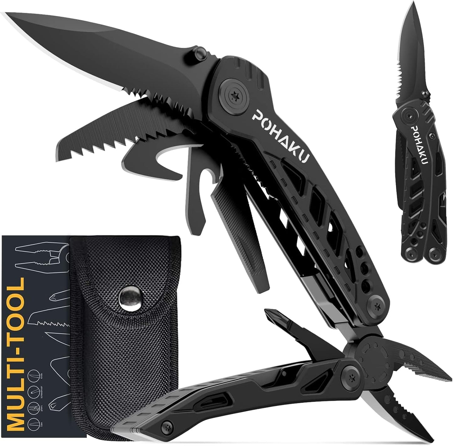 13-in-1 Pohaku Multitool: 3 Large Blade, Safety Lock, Plier - Ideal for Outdoors!