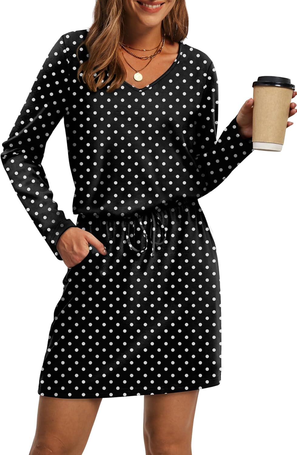 OFEEFAN Fall Dresses for Women - Casual V Neck Long Sleeve Style