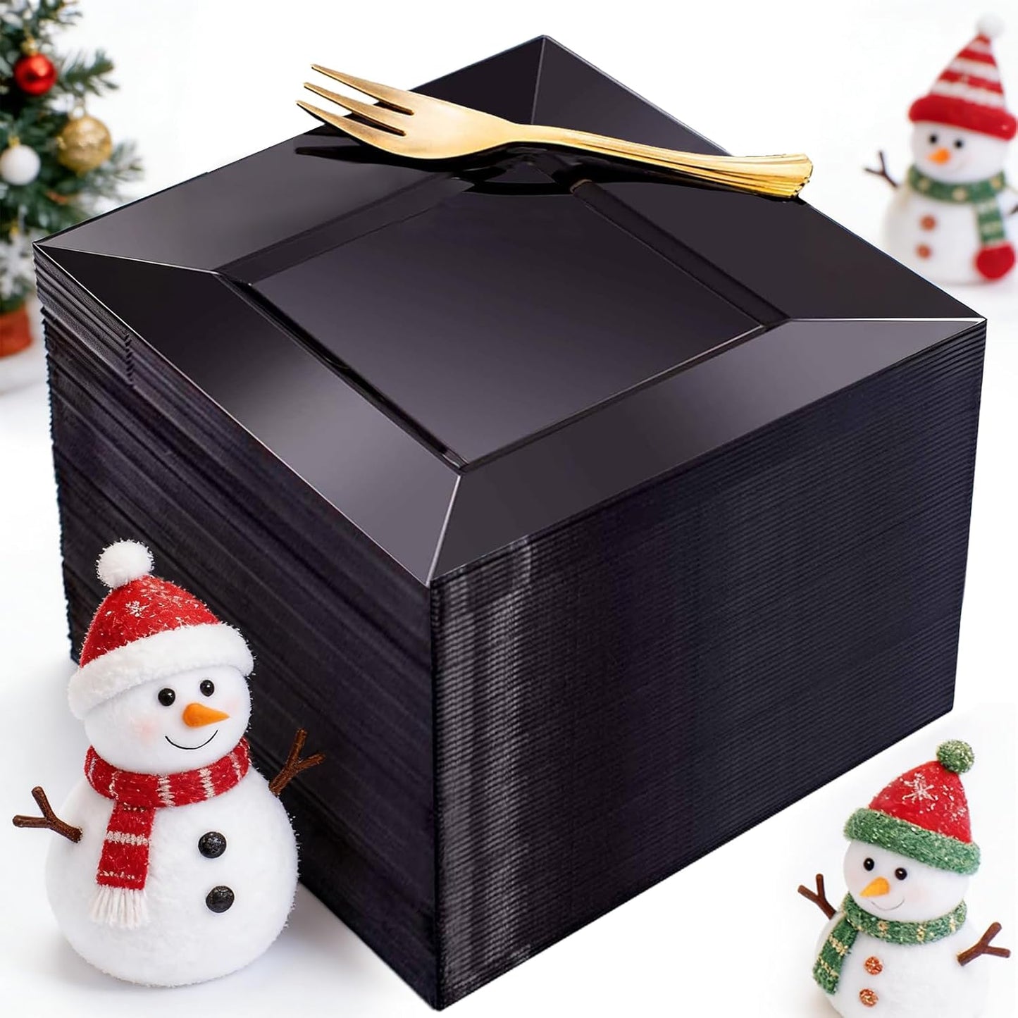 Black Square Plastic Dessert Plates with Gold Forks for Parties