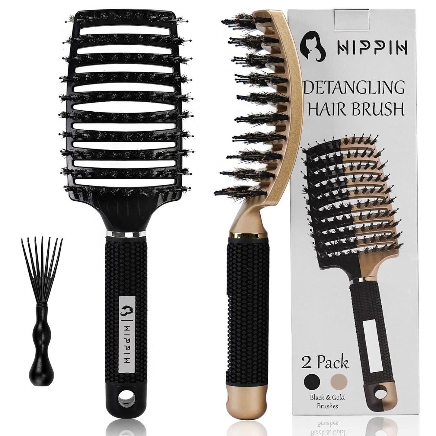 HIPPIH Boar Hair Brushes 2 Pack - Shine & Smooth