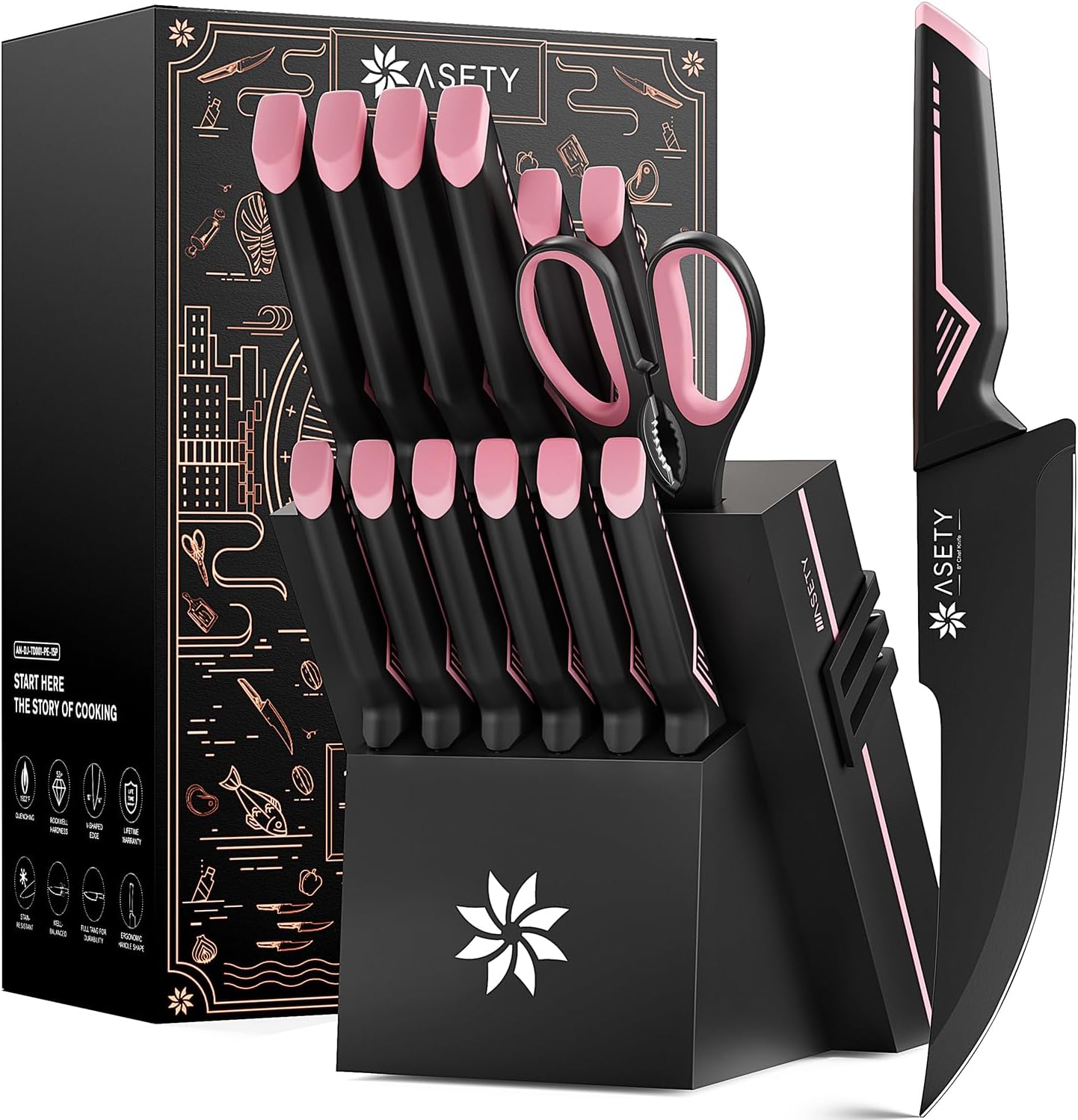 15 PCS Kitchen Knife Set with Built-in Sharpener Block - Pink