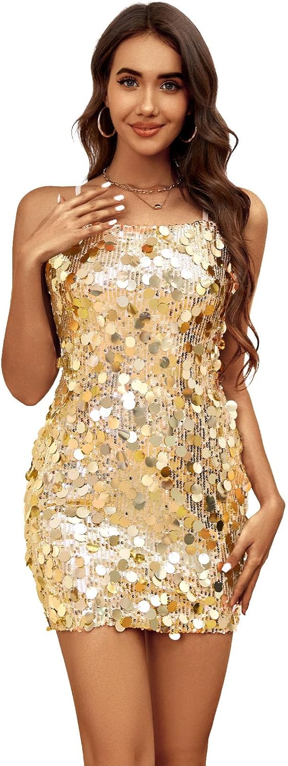Sparkly Mini Dress for Women with Spaghetti Straps and Sequins