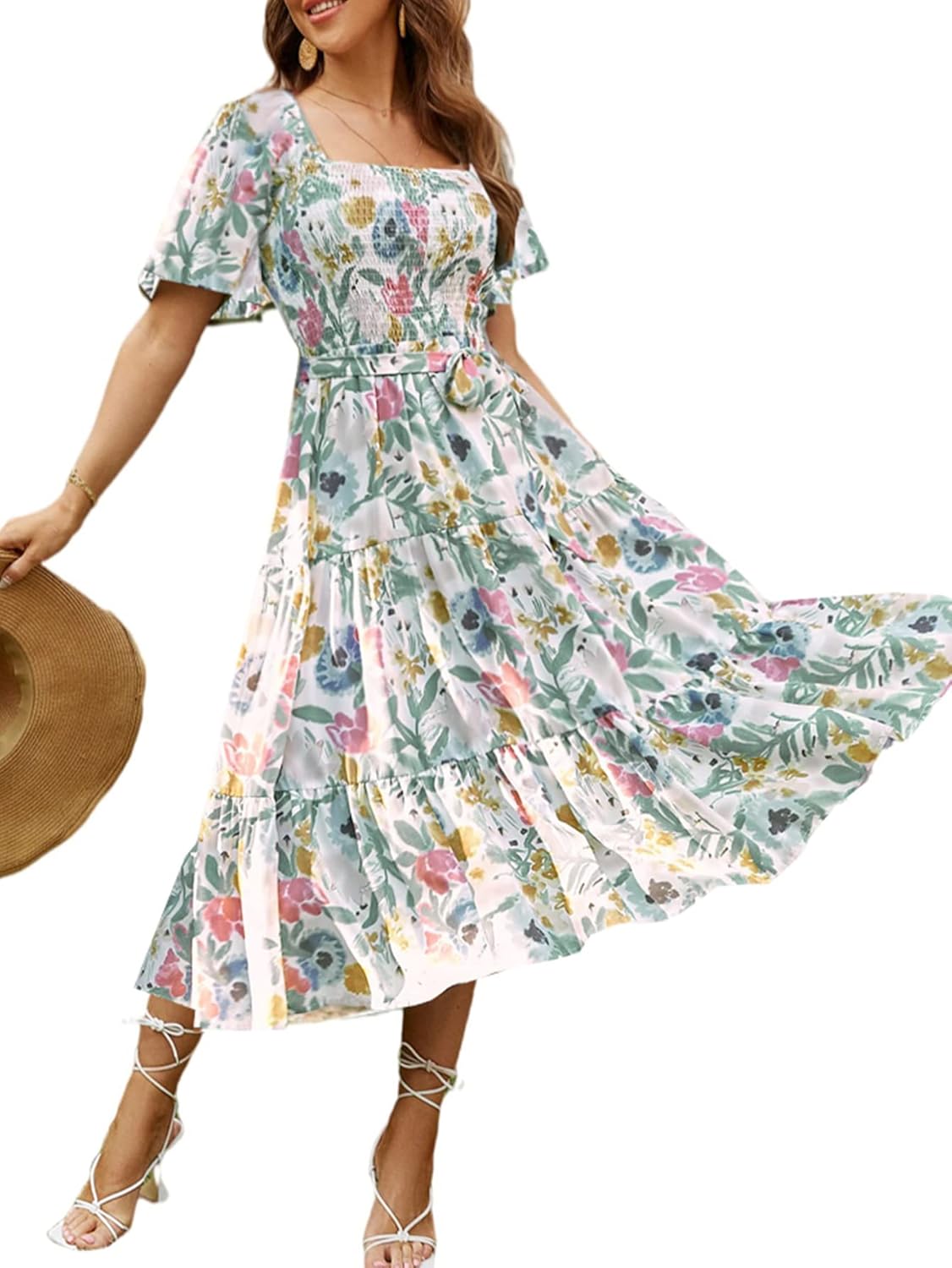 Amegoya Women's Boho Flowy Long Sleeve Square Neck Dress