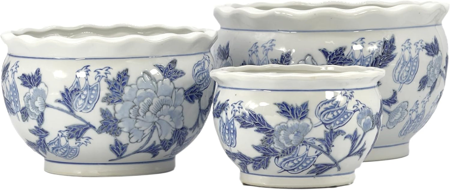 Elegant Blue & White Round Floral Ceramic Planter Set of 3