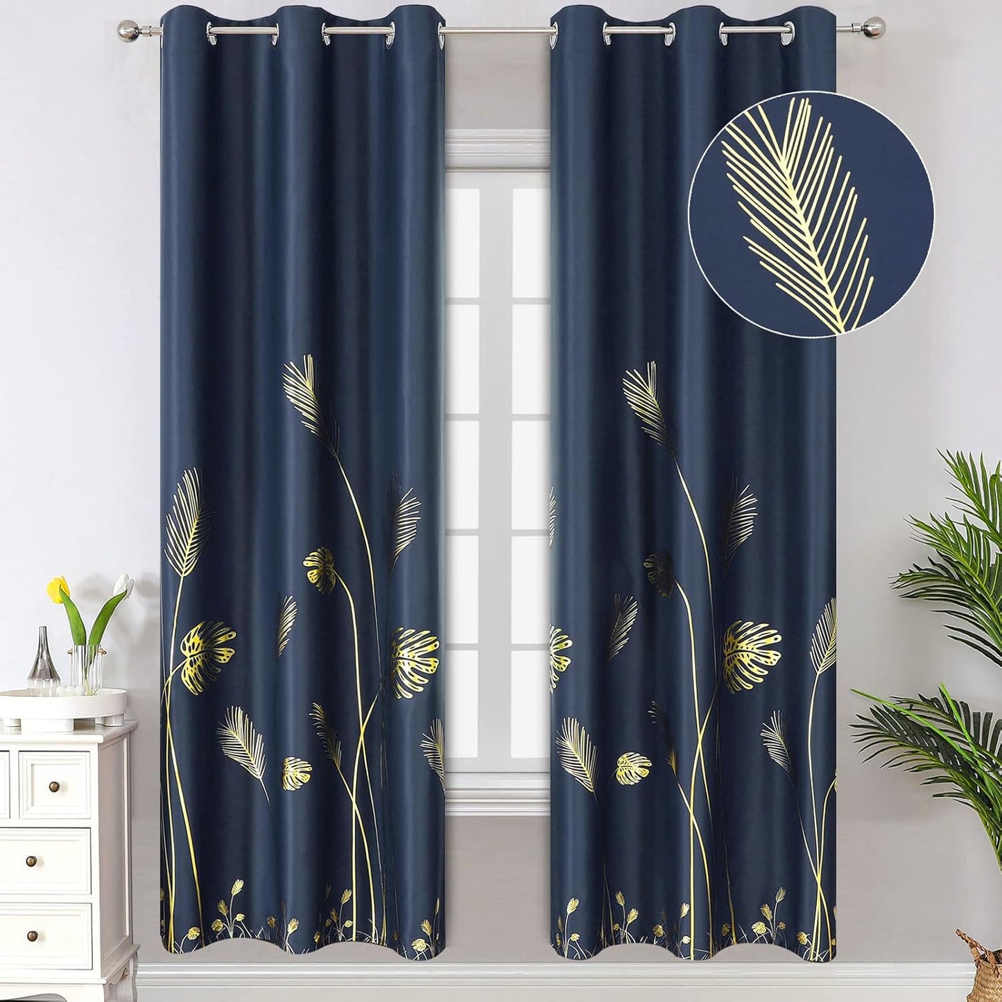 Estelar Textiler Blackout Curtains with Gold Palm Tree Pattern