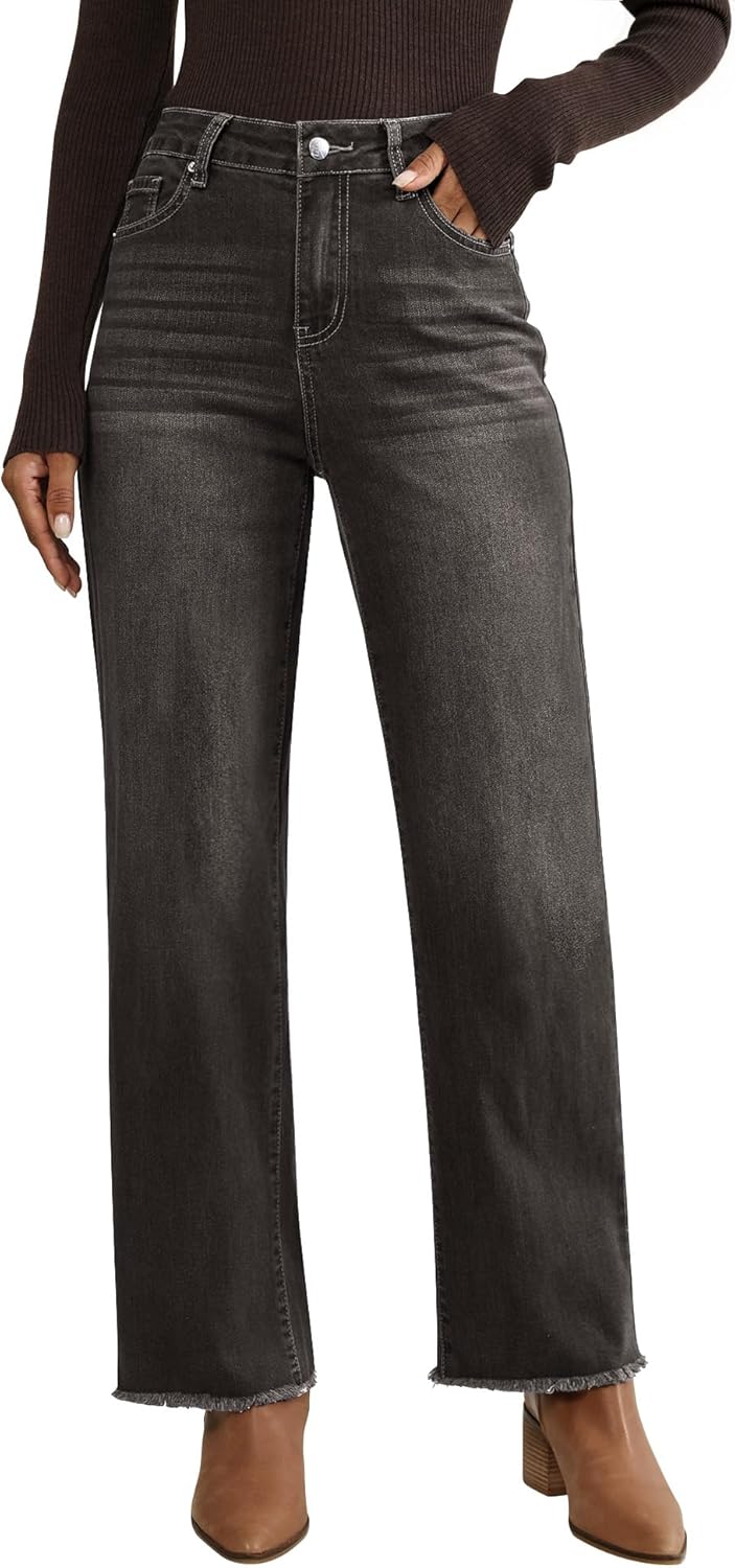Vetinee Straight Leg Jeans for Women with Frayed Hem Style