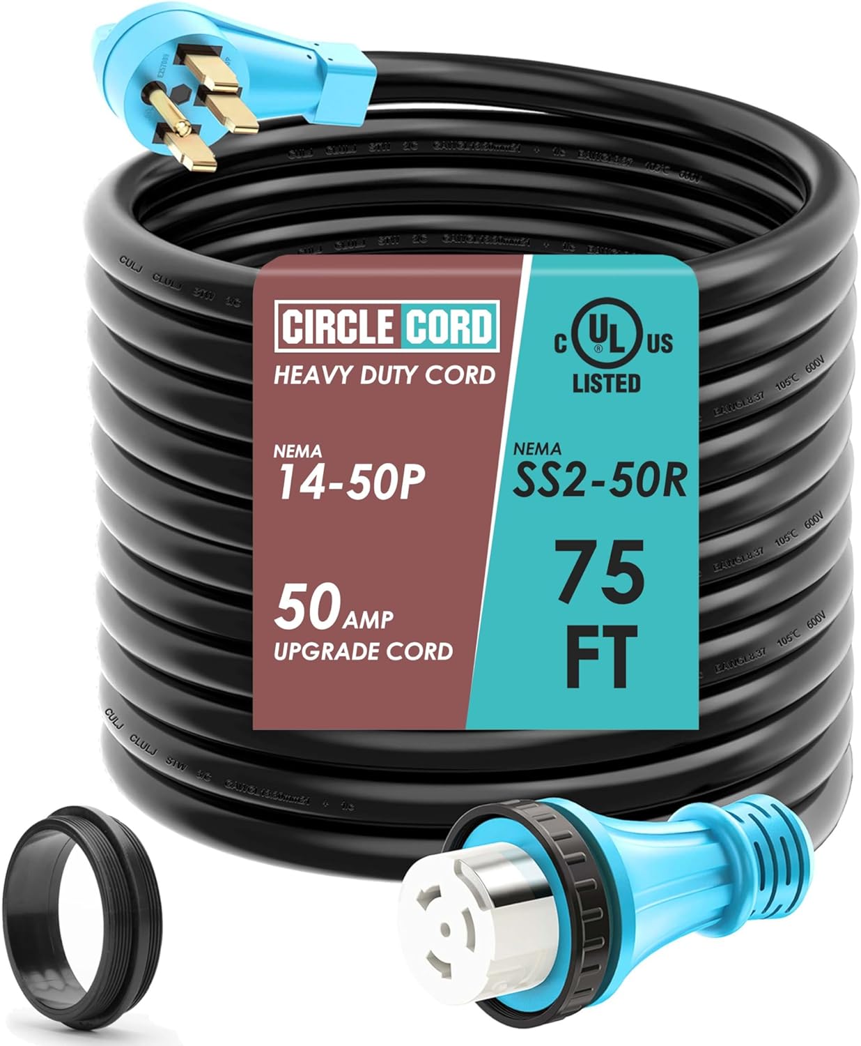CircleCord 50 Amp 75 Feet RV Generator Cord with Locking Connector