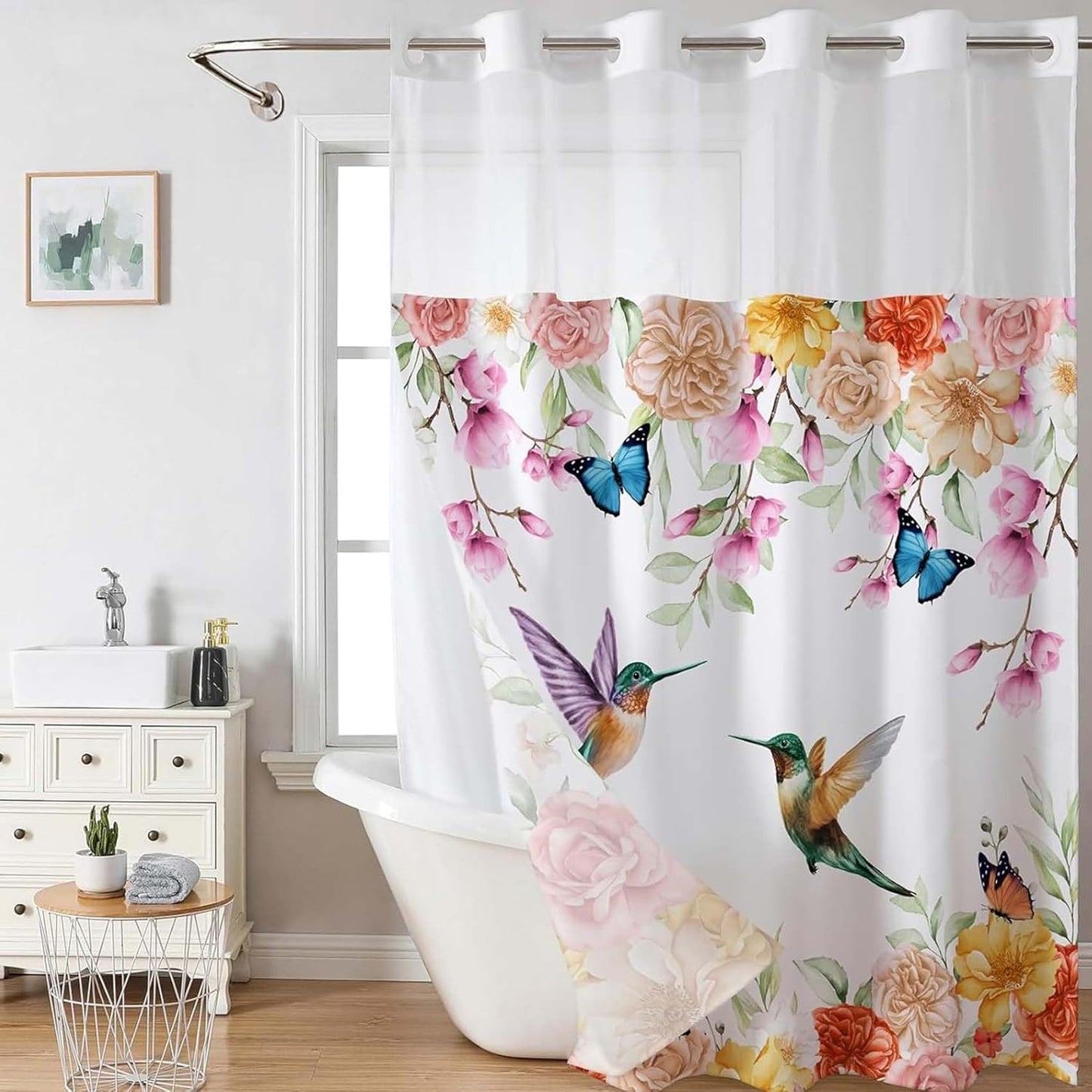 Waterproof Floral Hummingbird Shower Curtain