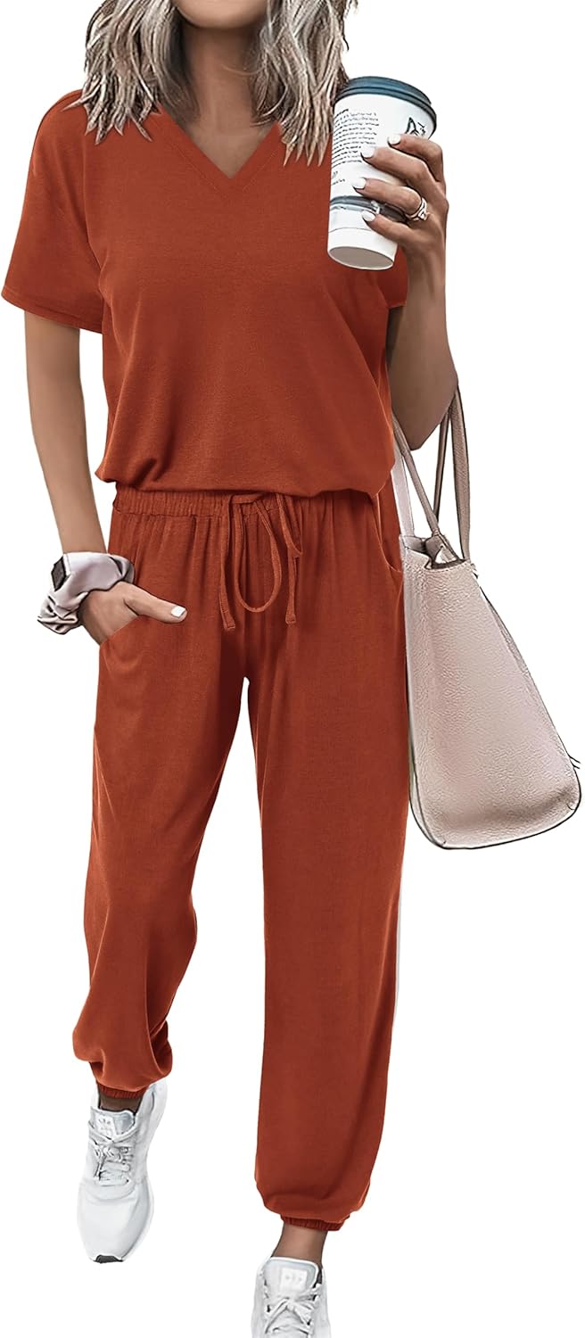 Summer Casual V Neck Short Sleeve Tops and Long Pants Set