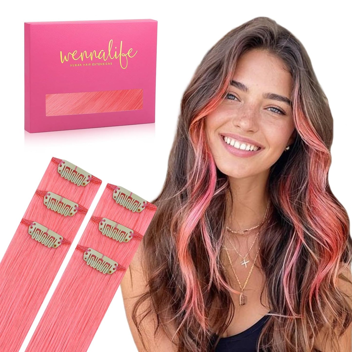 WENNALIFE Light Pink Clip in Hair Extensions for Colorful Style