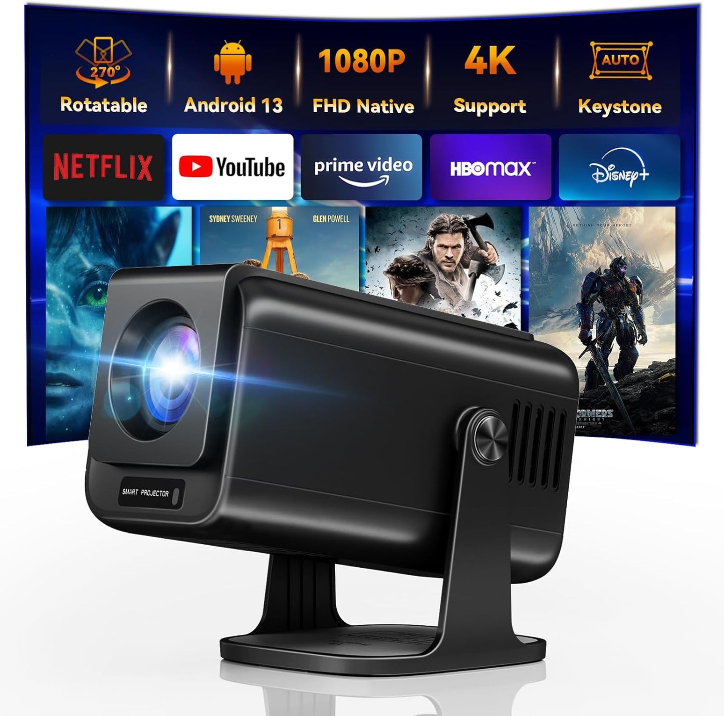 Portable Smart Projector: 1080P, 600ANSI, WiFi, Bluetooth