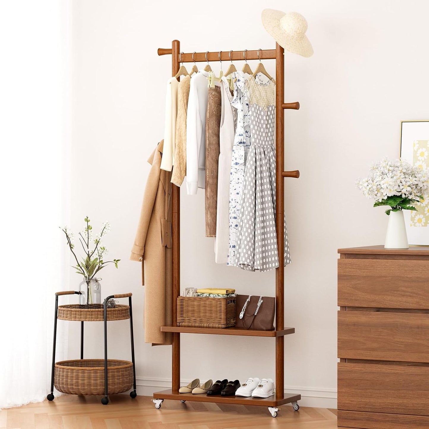 Freestanding Coat Rack with Wheels & Shelves for Home Organization