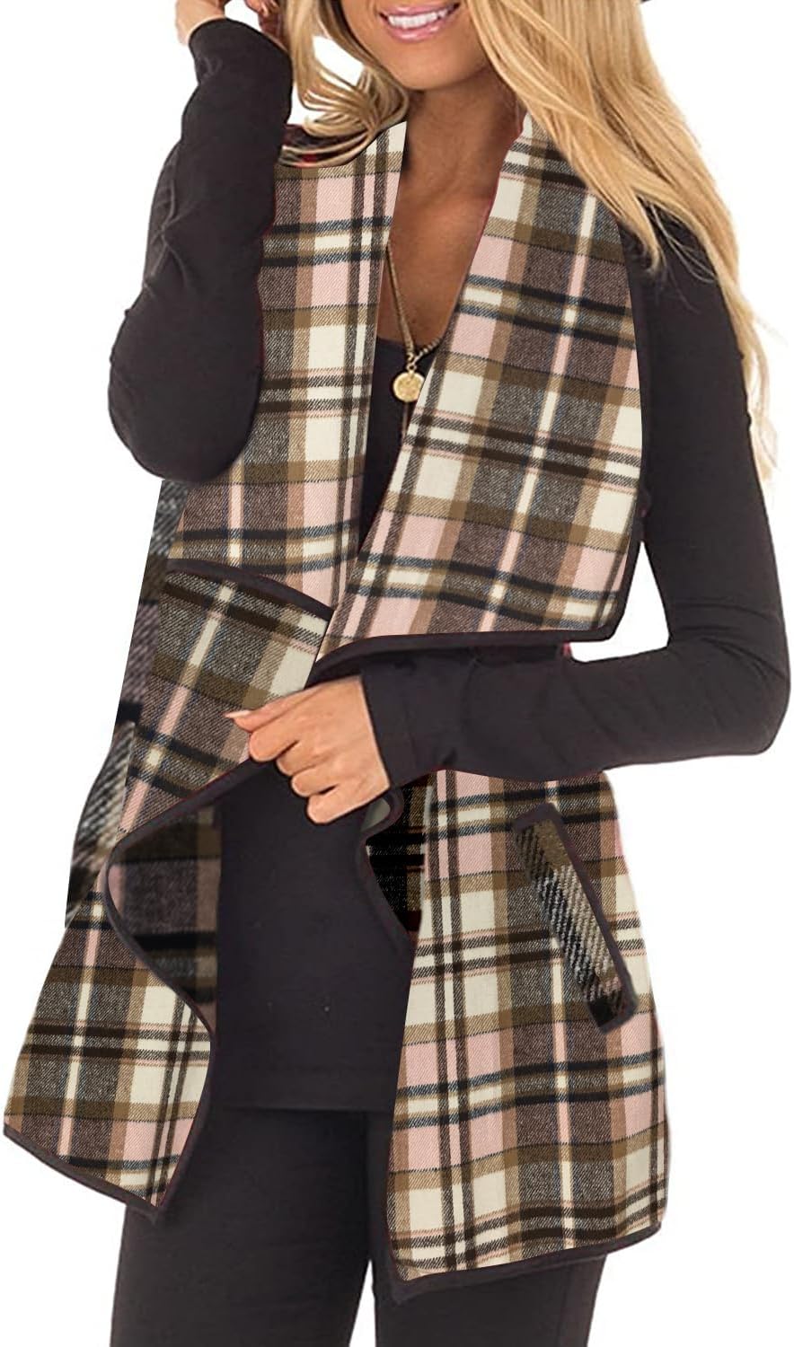 Unidear Womens Buffalo Plaid Vest Casual Open Front Cardigan