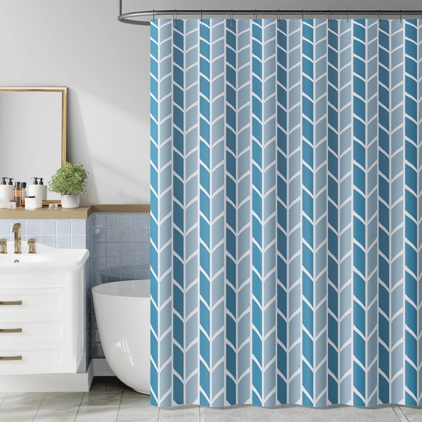 jinchan Blue and White Geometric Shower Curtain for Modern Bath