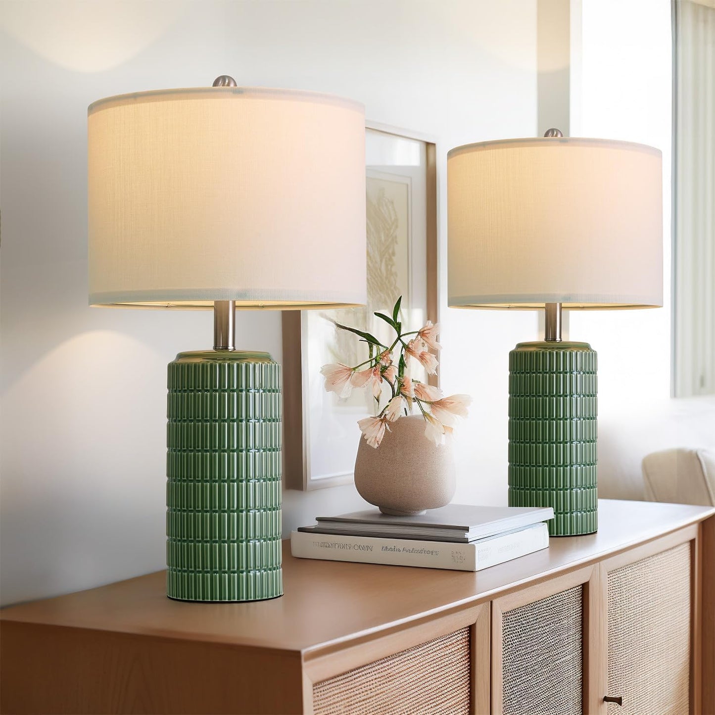 PoKat 23 Inch Dark Green Ceramic Table Lamps Set of 2 for Home