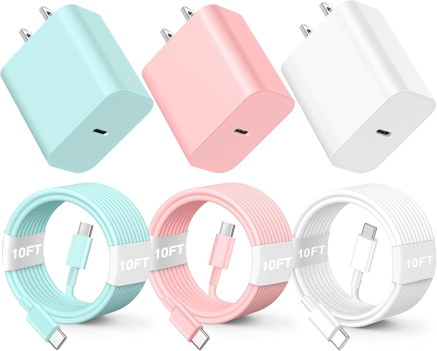 Fast Charge Trio: 20W USB C Charger 3pk - iPhone 16/15/Samsung - Pink/White/Green