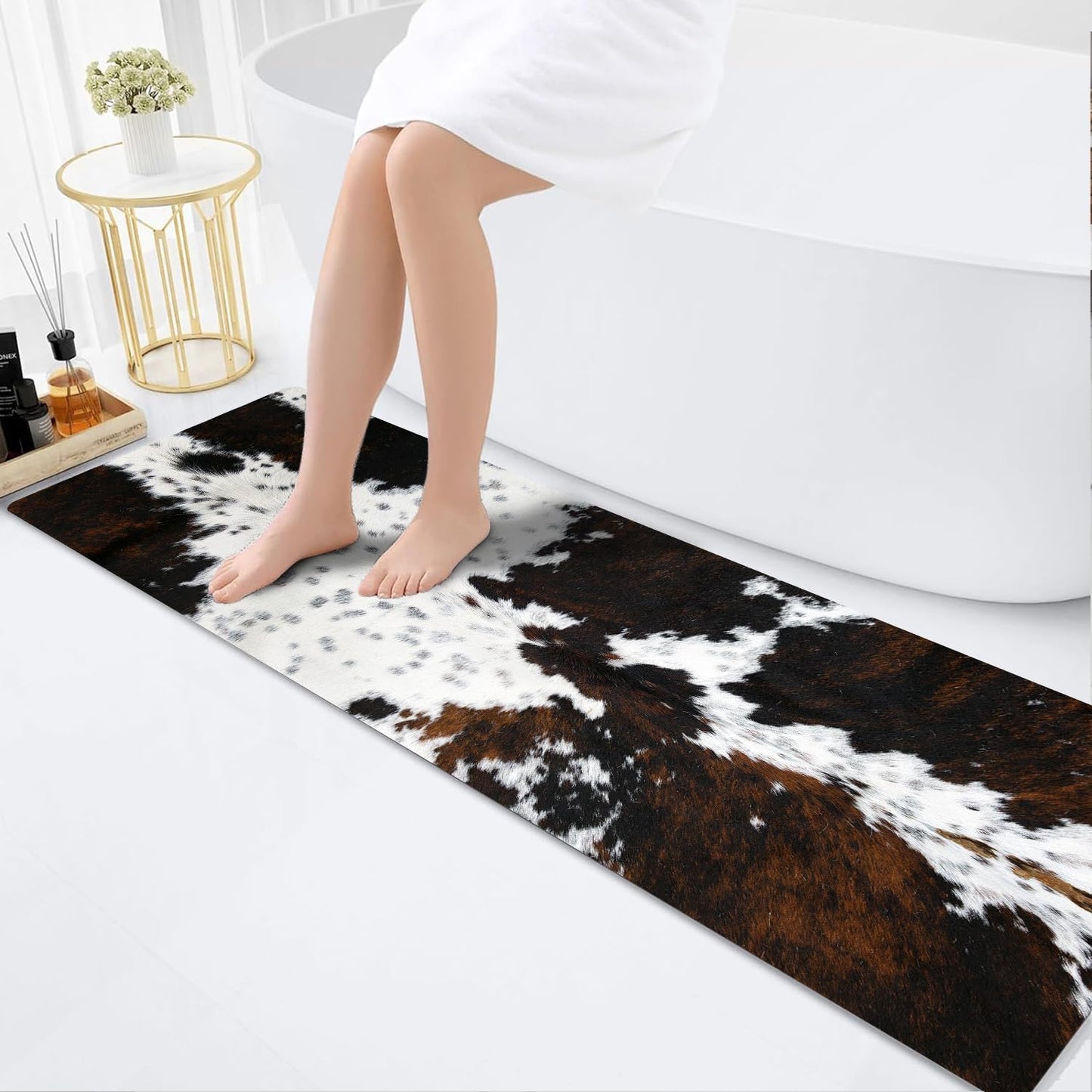 MUGINYU Cowhide Cow Print Long Bath Mat for Western Decor