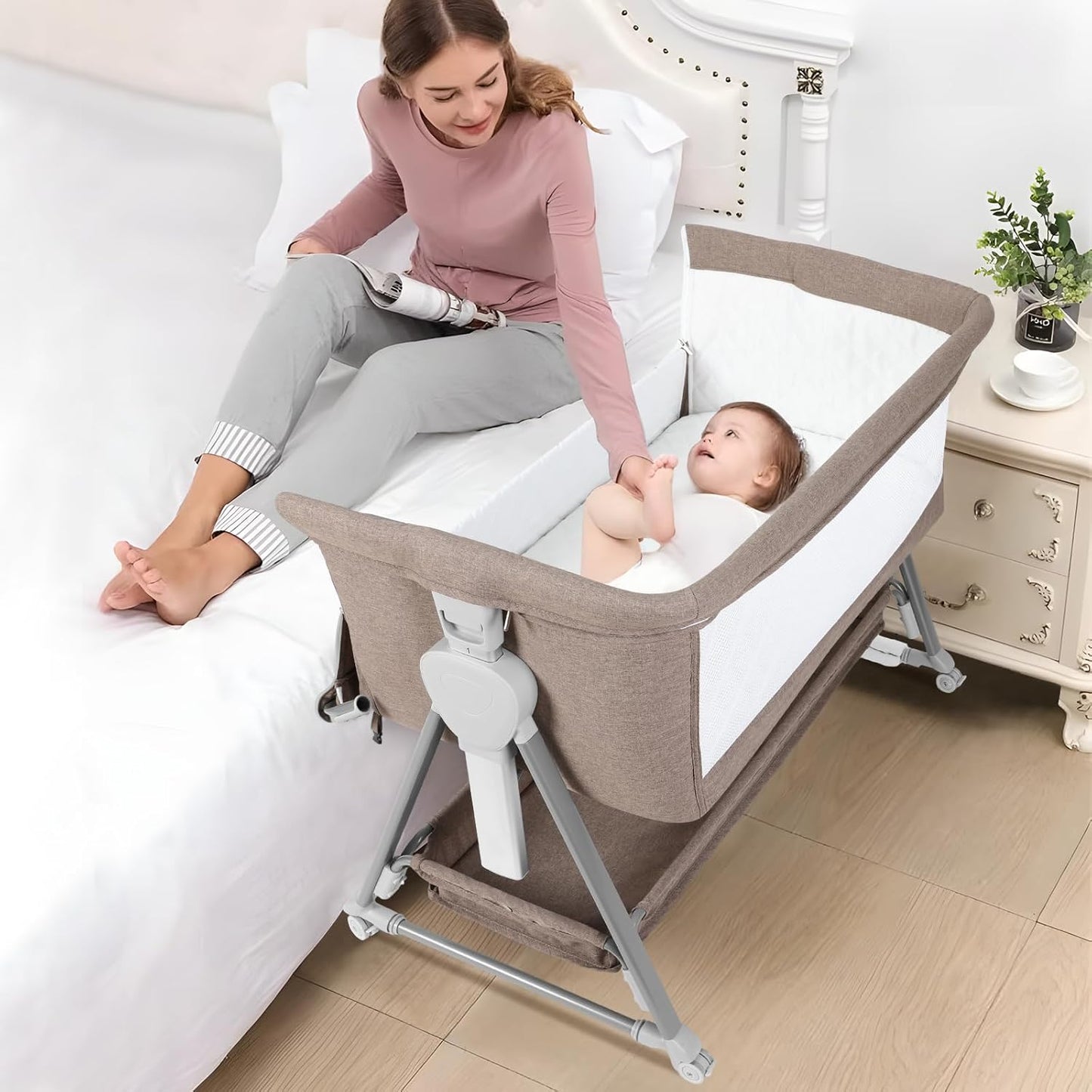 Cowiewie Bassinet Bedside Sleeper with Adjustable Height & Storage