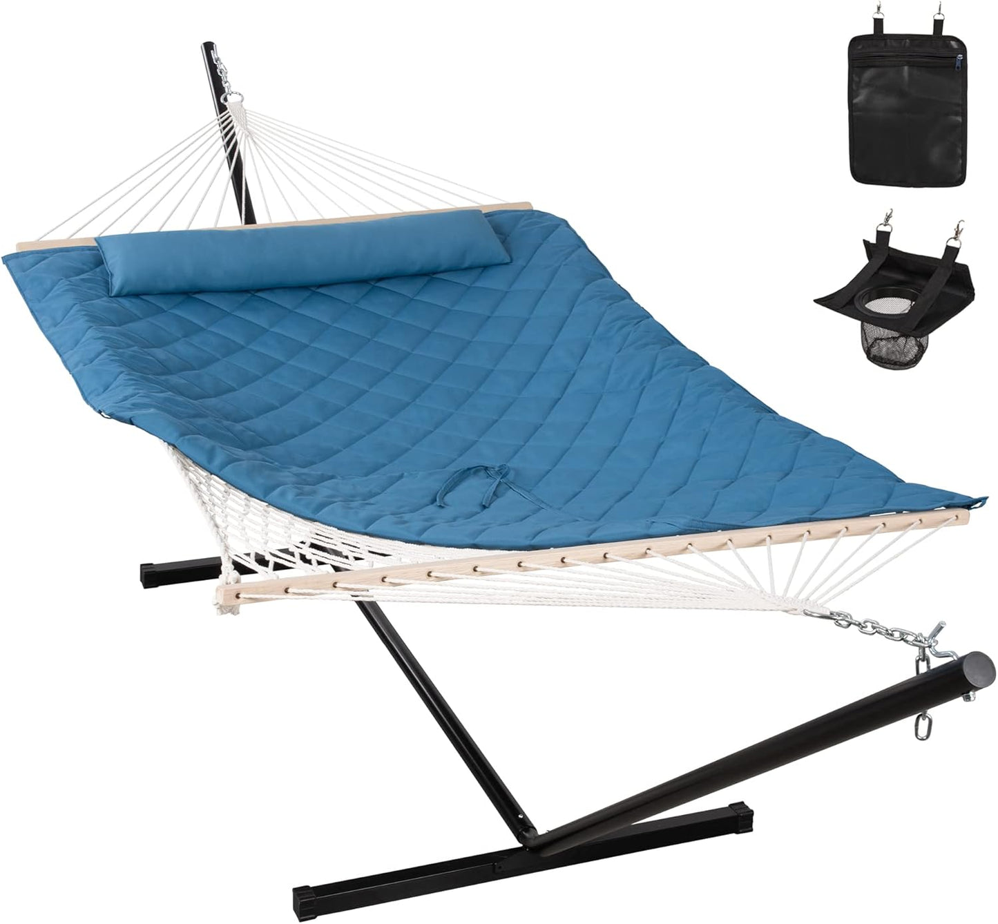 Double Hammock with Stand, Detachable Pillow & Pad for Comfort