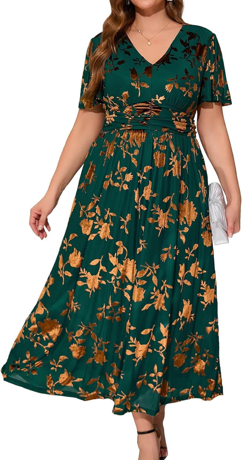 Elegant V Neck Velvet Maxi Dress for Wedding Guests and More