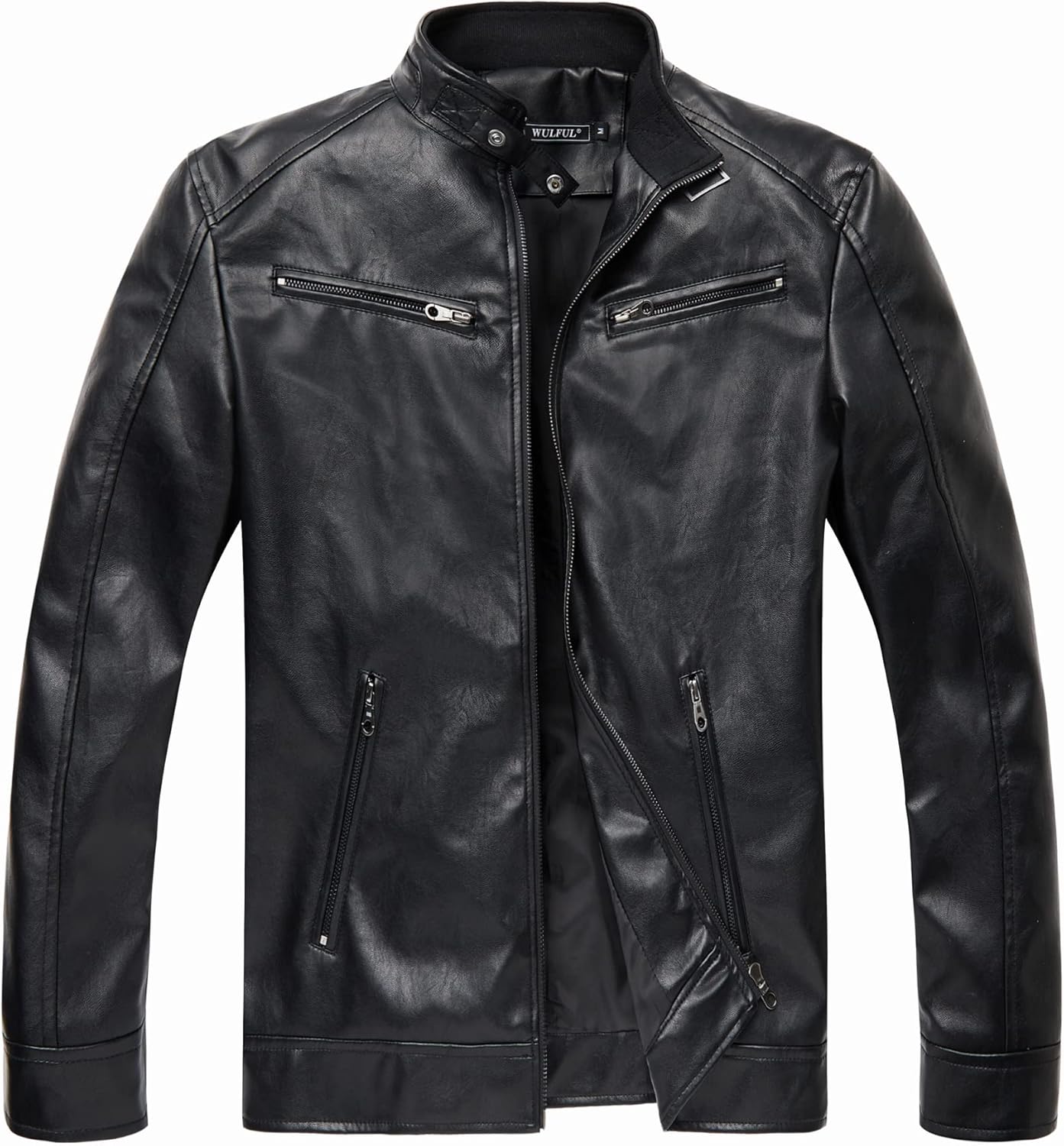 WULFUL Men's Stand Collar Leather Jacket for All Seasons Wear