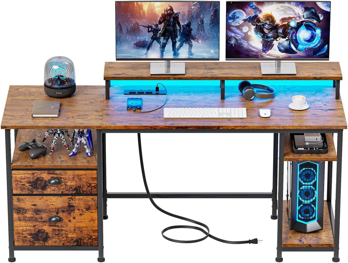 Modern Computer Desk: Power Outlet, LED Lights & More