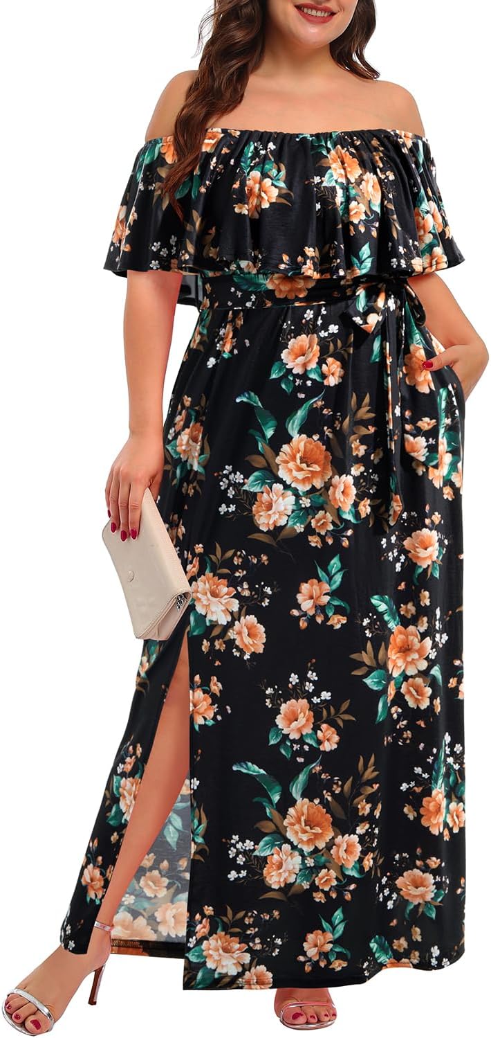 Plus Size Off The Shoulder Maxi Dress with Pockets for Women