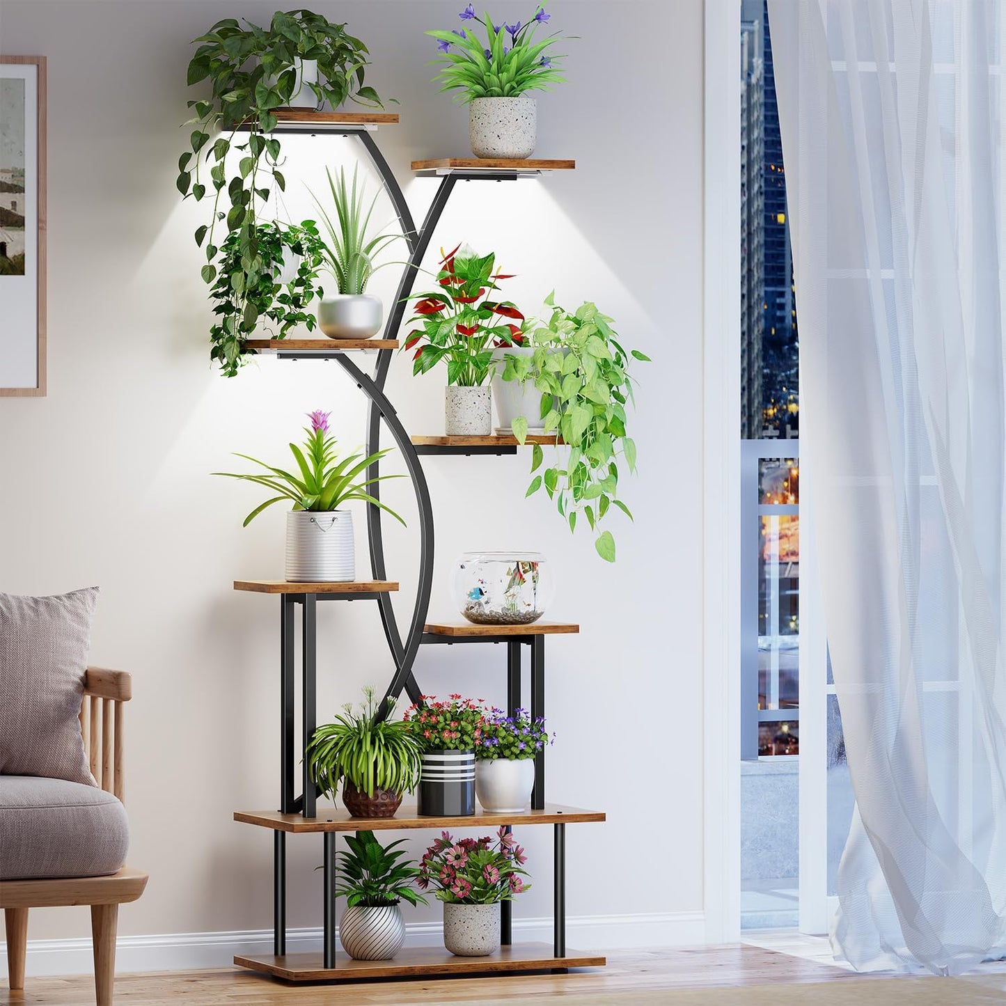 Indoor Plant Stand with Grow Lights - 8-Tier S-Shaped Shelf