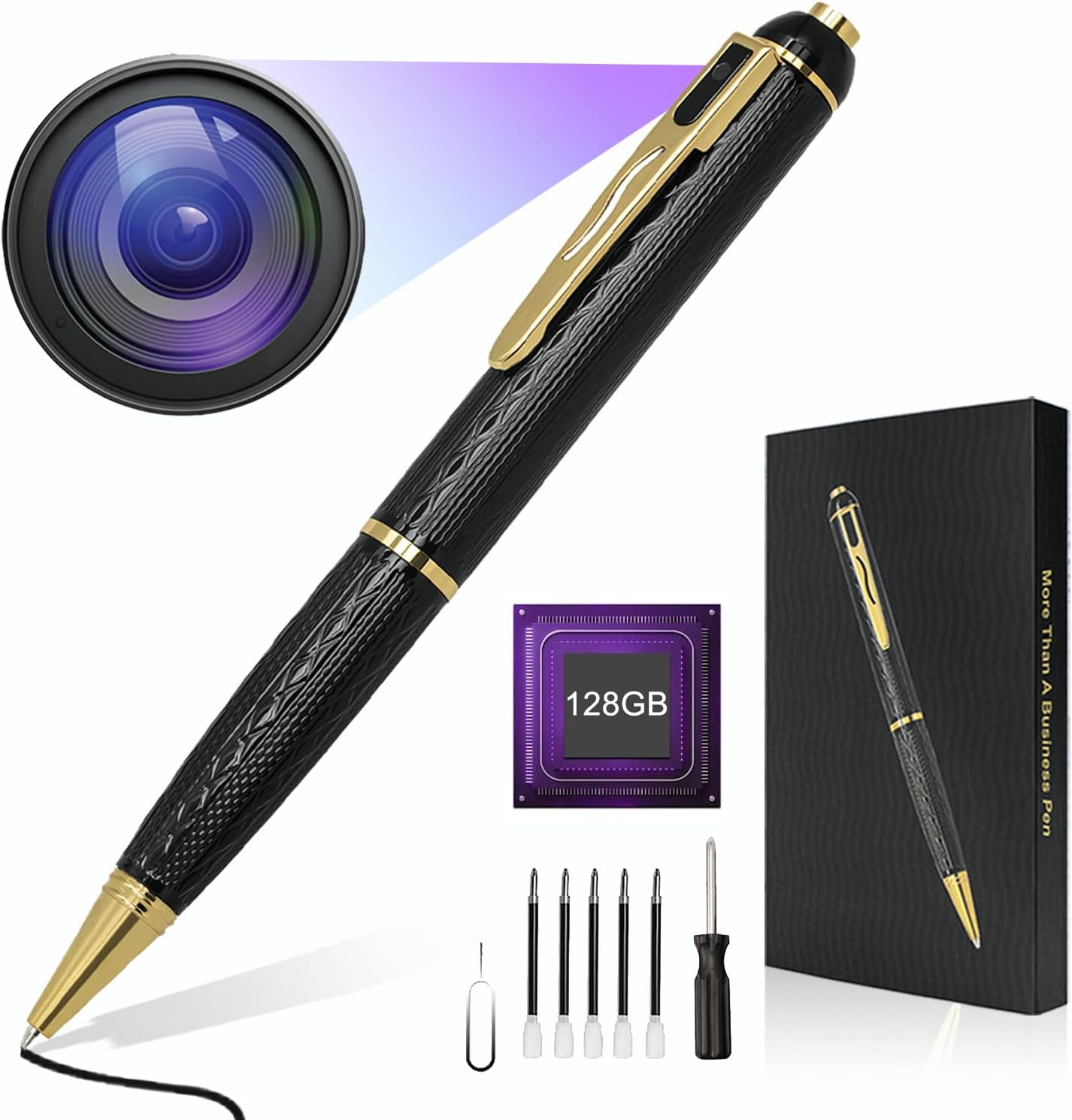 1080P Spy Pen: 128G Memory, 300 Min Video Loop, One-Button Security Cam